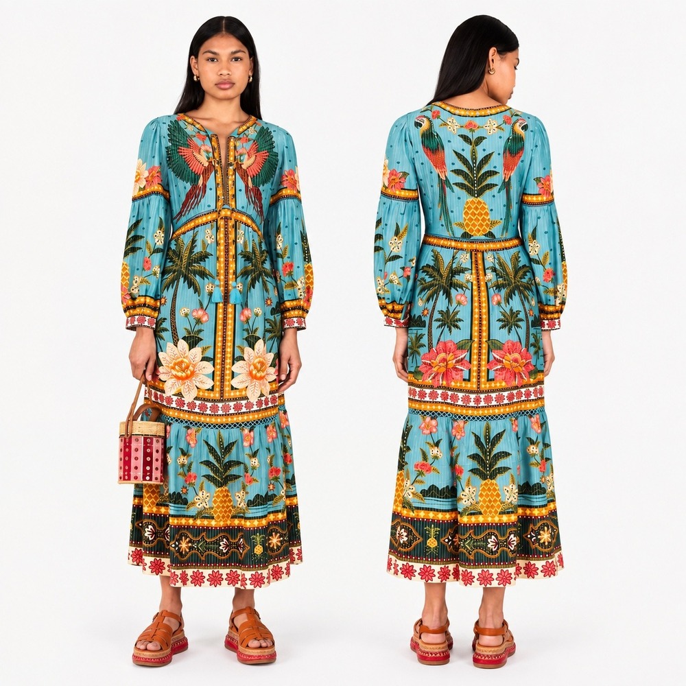 Farm Rio Samba Das Araras Maxi Dress M Teal Tropical Parrot Lurex Boho Womens